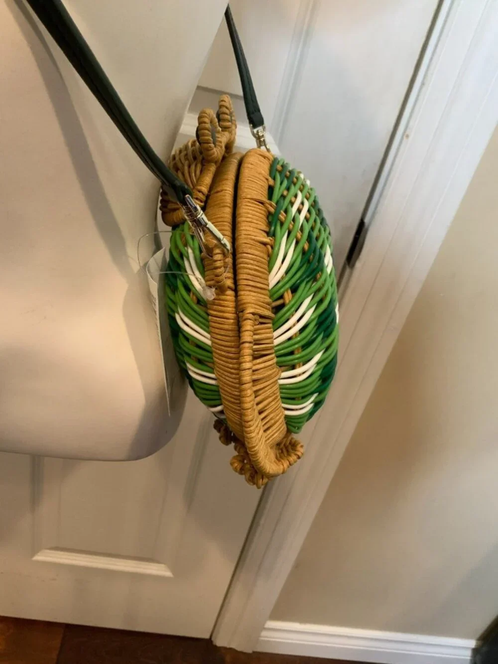 Kate Spade New York Green White Striped Hopkins Frog Wicker Bag NWT!